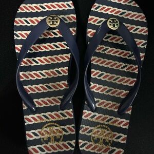 Tory Burch Navy and Red Rope Pattern Flip Flops